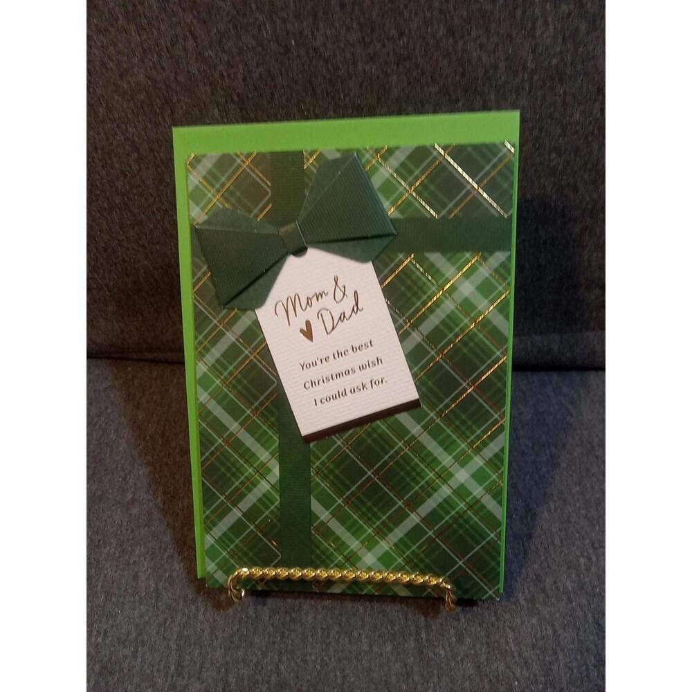 Hallmark Card White Green To MOM & DAD "Your The Best Christmas Wish" Bow Plaid